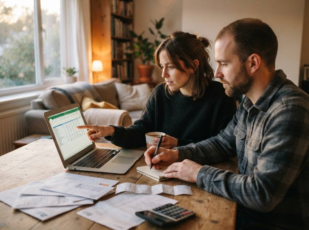 A couple reviews household bills and a budget spreadsheet together at their living room table.