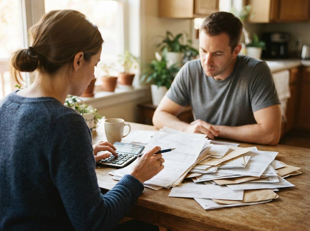 A couple reviews paperwork and calculates figures at their kitchen table.