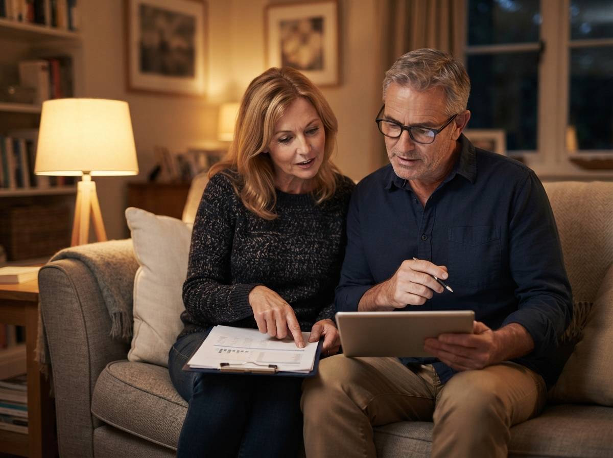 A couple reviews retirement savings statements together on a tablet in their living room.