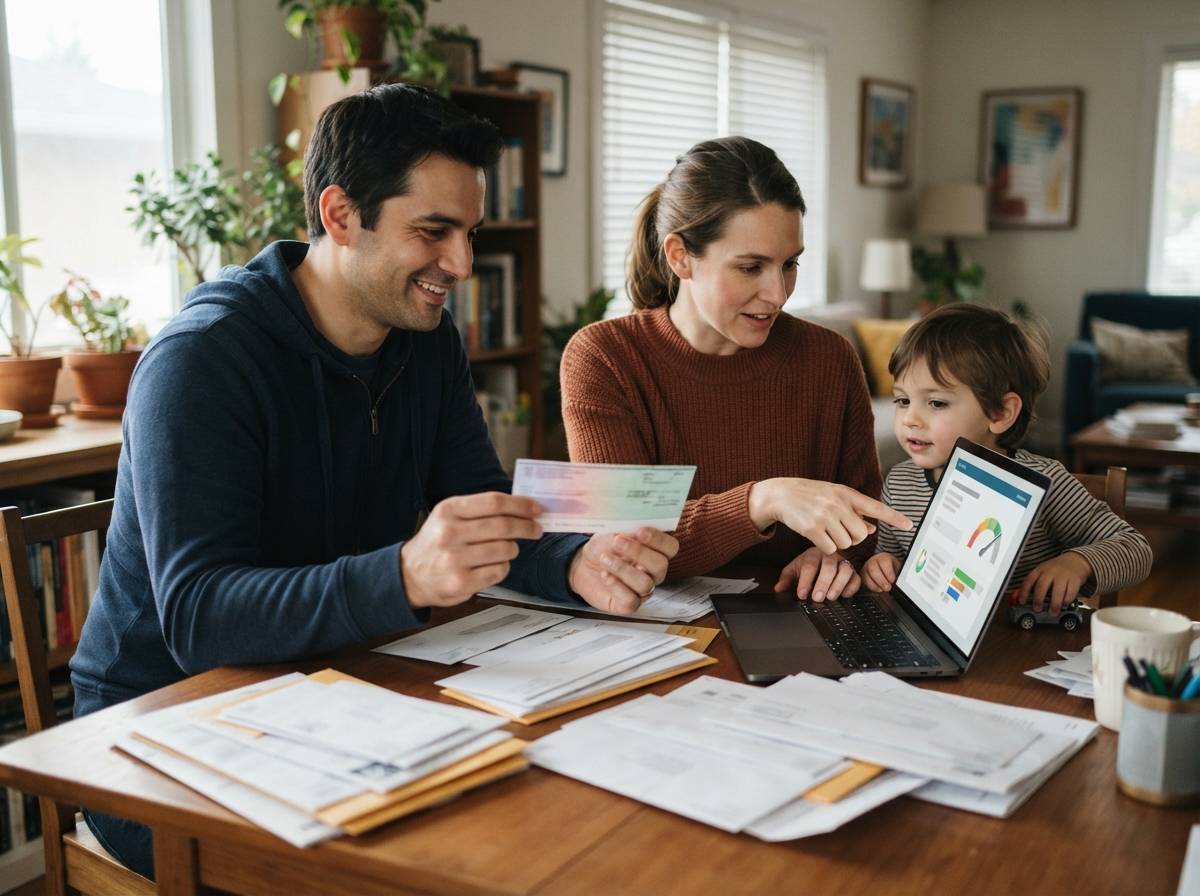 A family reviews a state refund check and checks their payment status on a laptop.