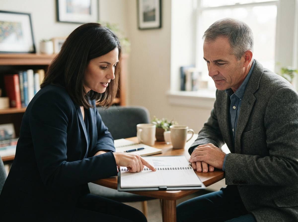 A financial planner discusses a portfolio summary with a client at an office table.