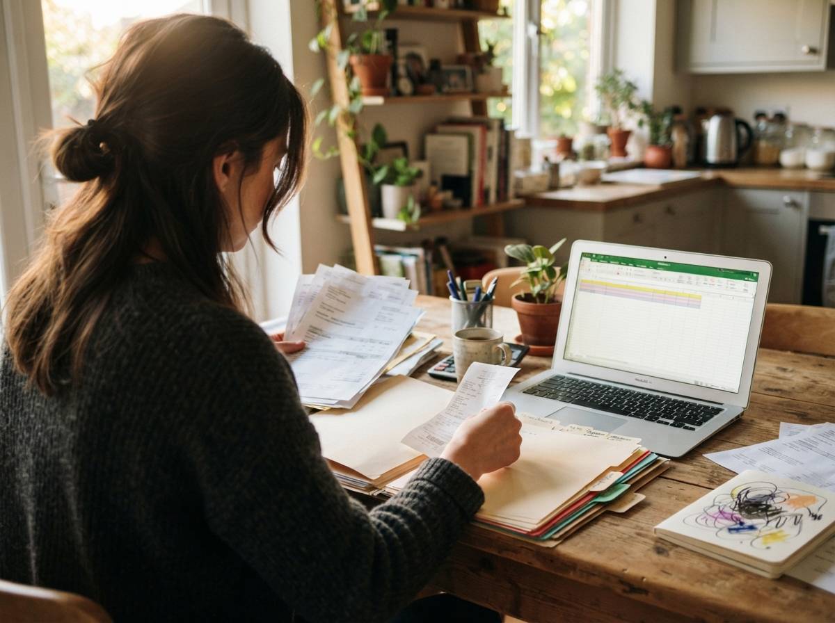 A freelancer organizes invoices and receipts into folders next to a laptop at a kitchen table.