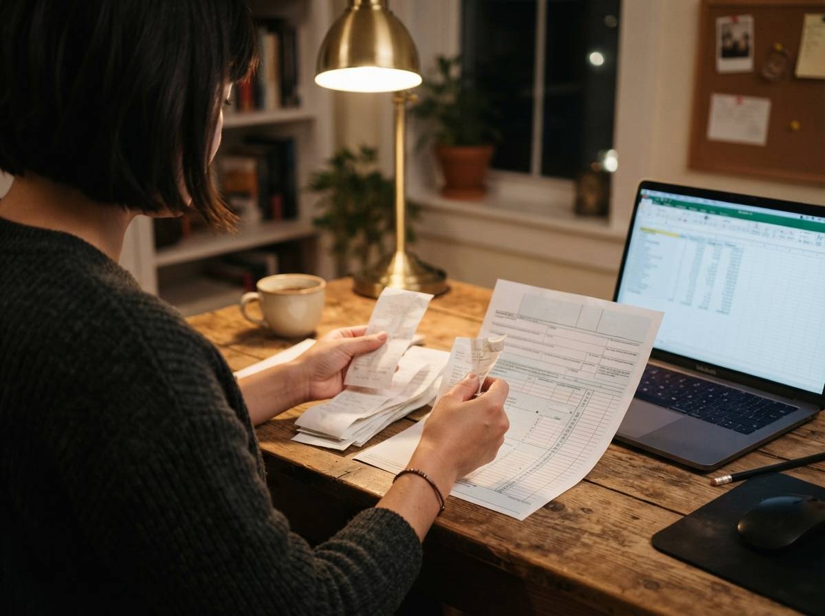 A freelancer sorts receipts and reviews a tax form next to an open laptop at a home desk.