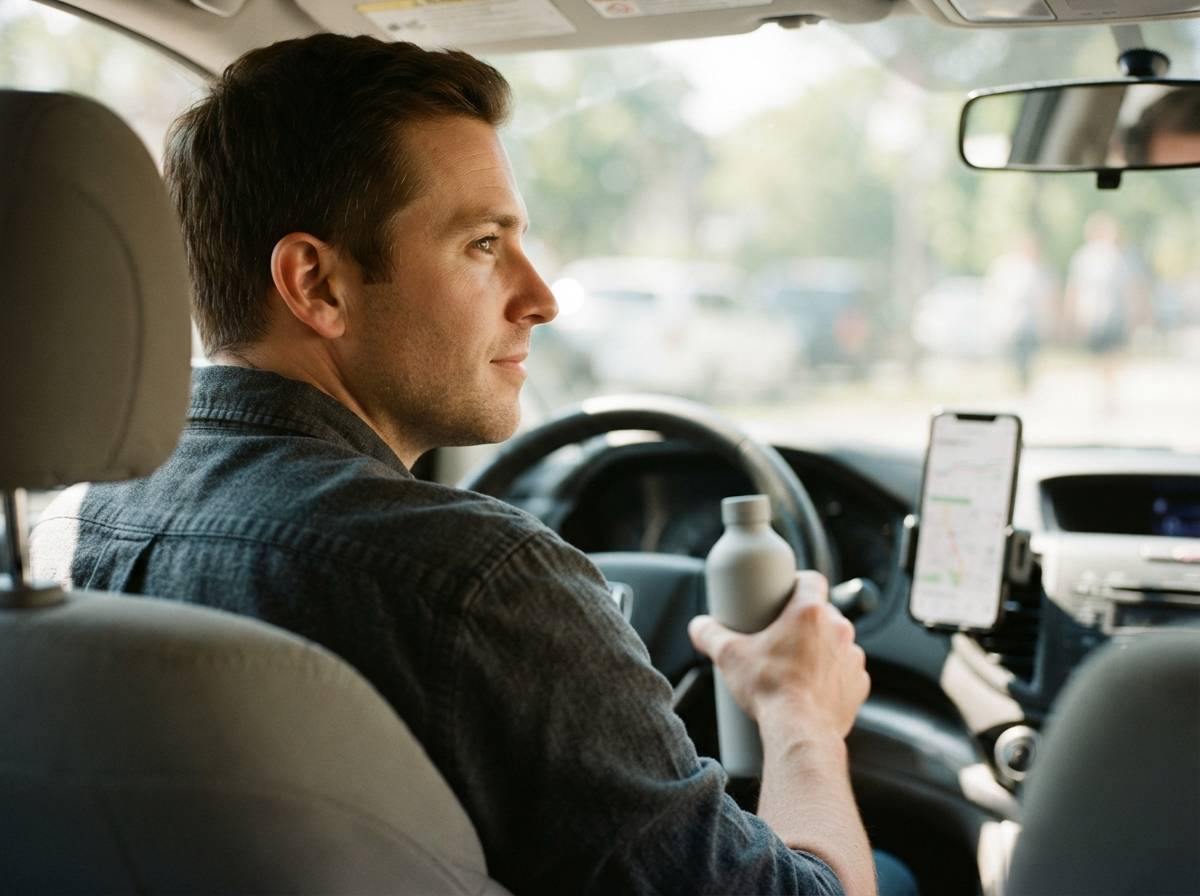 A gig worker checks a mileage tracking app on a phone mounted on the car dashboard during a break.