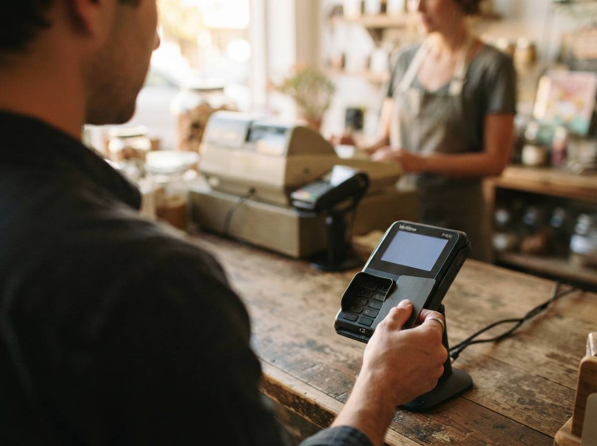 A hand inserts a credit card into a payment terminal at a checkout counter.