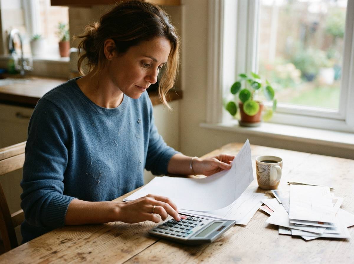 A homeowner reviews a property tax bill at a kitchen table with a calculator nearby.