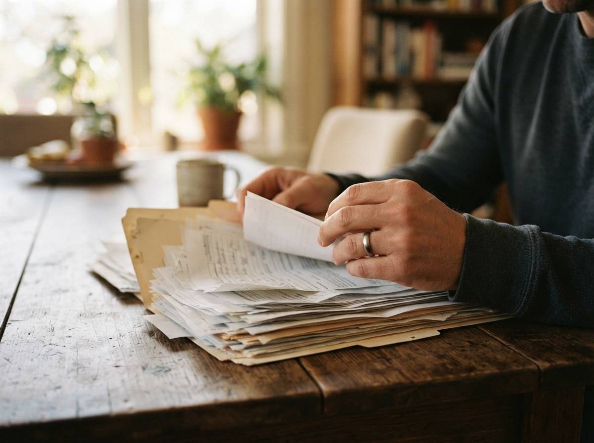 A homeowner reviews home purchase and improvement paperwork stored in a folder.