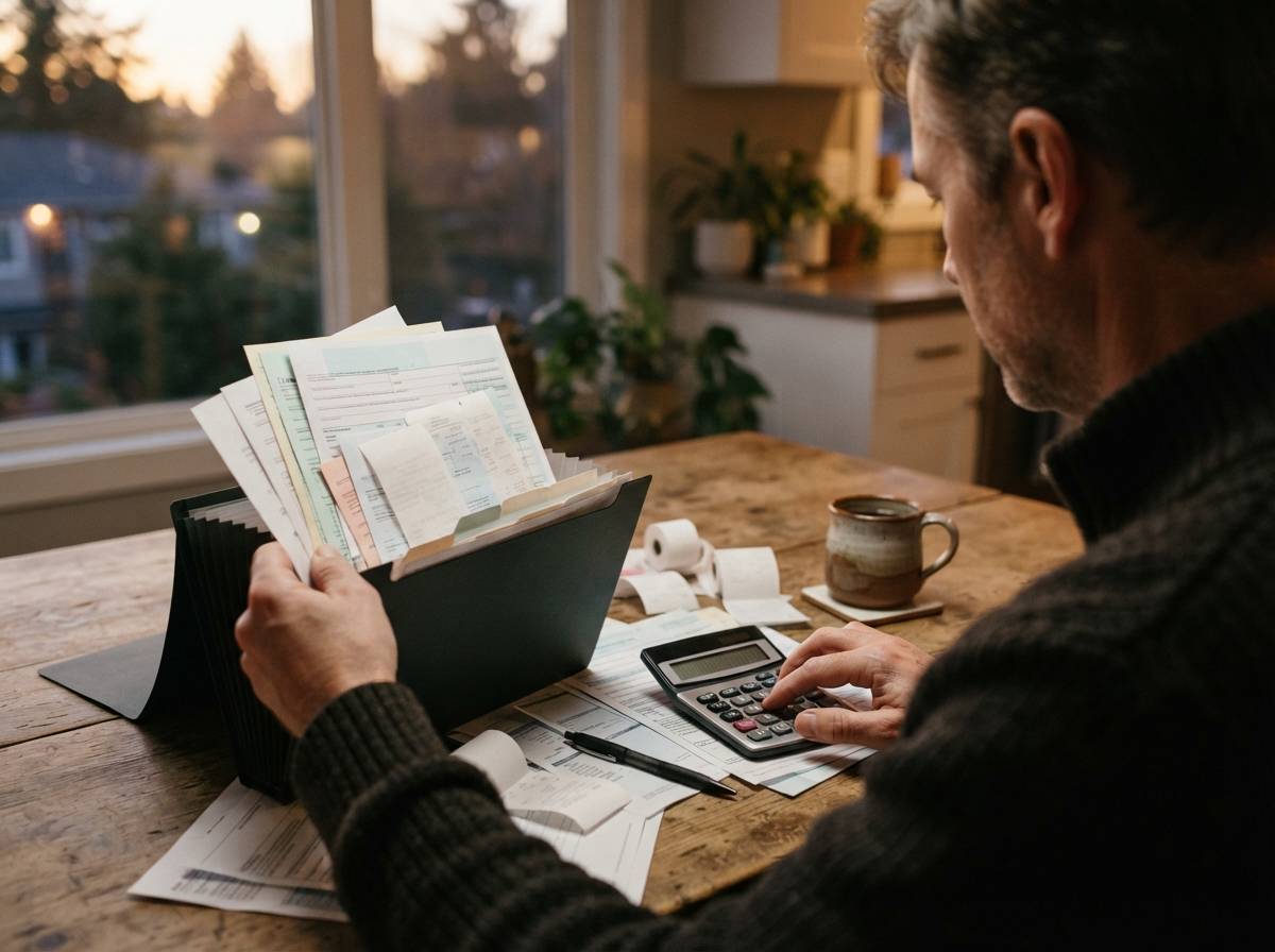 A person organizes W-2G gambling tax forms and receipts at a kitchen table while using a calculator.