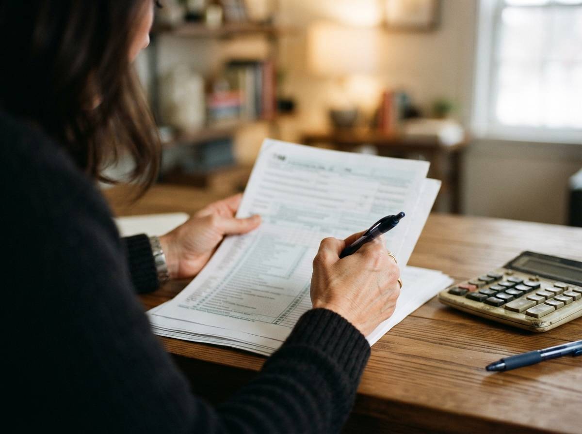 A person reviews a printed tax form with a calculator on a desk.