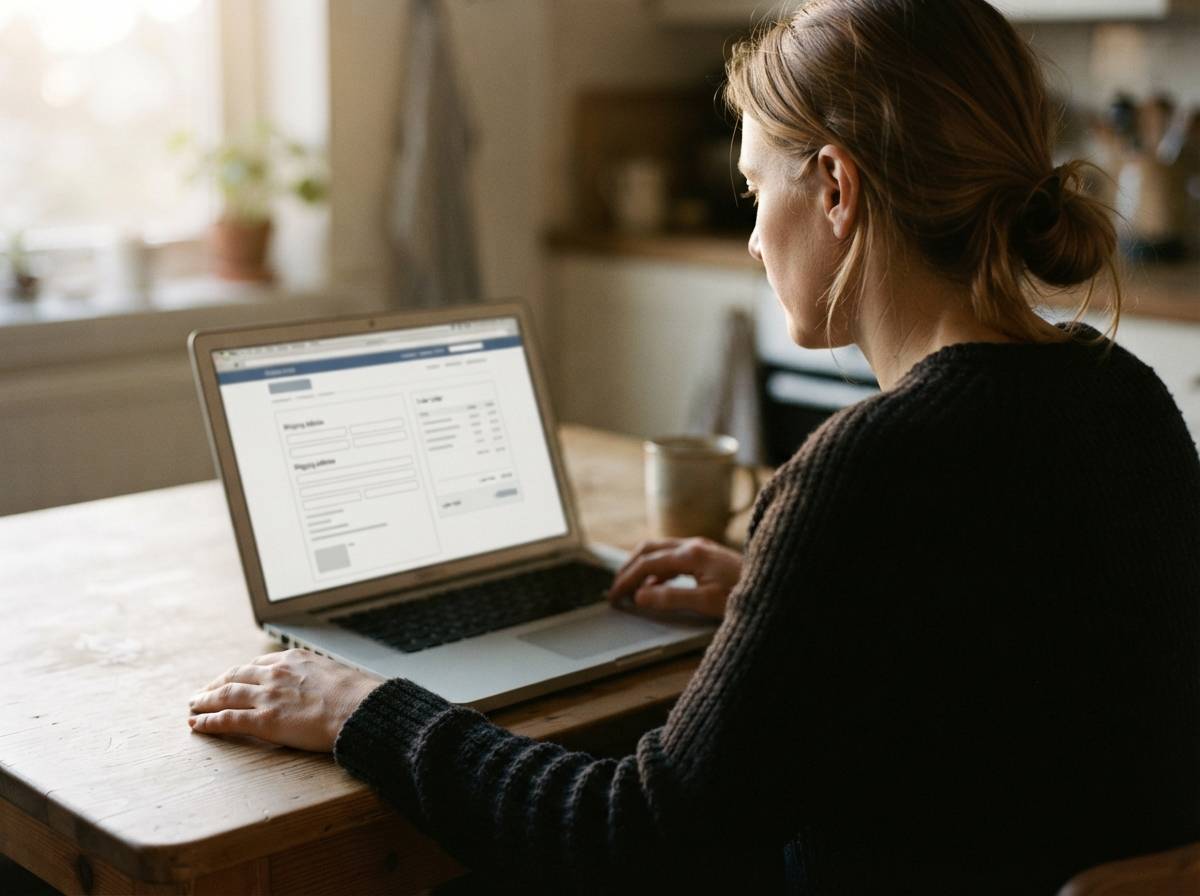 A person reviews an online checkout page on a laptop showing the order total before completing a purchase.