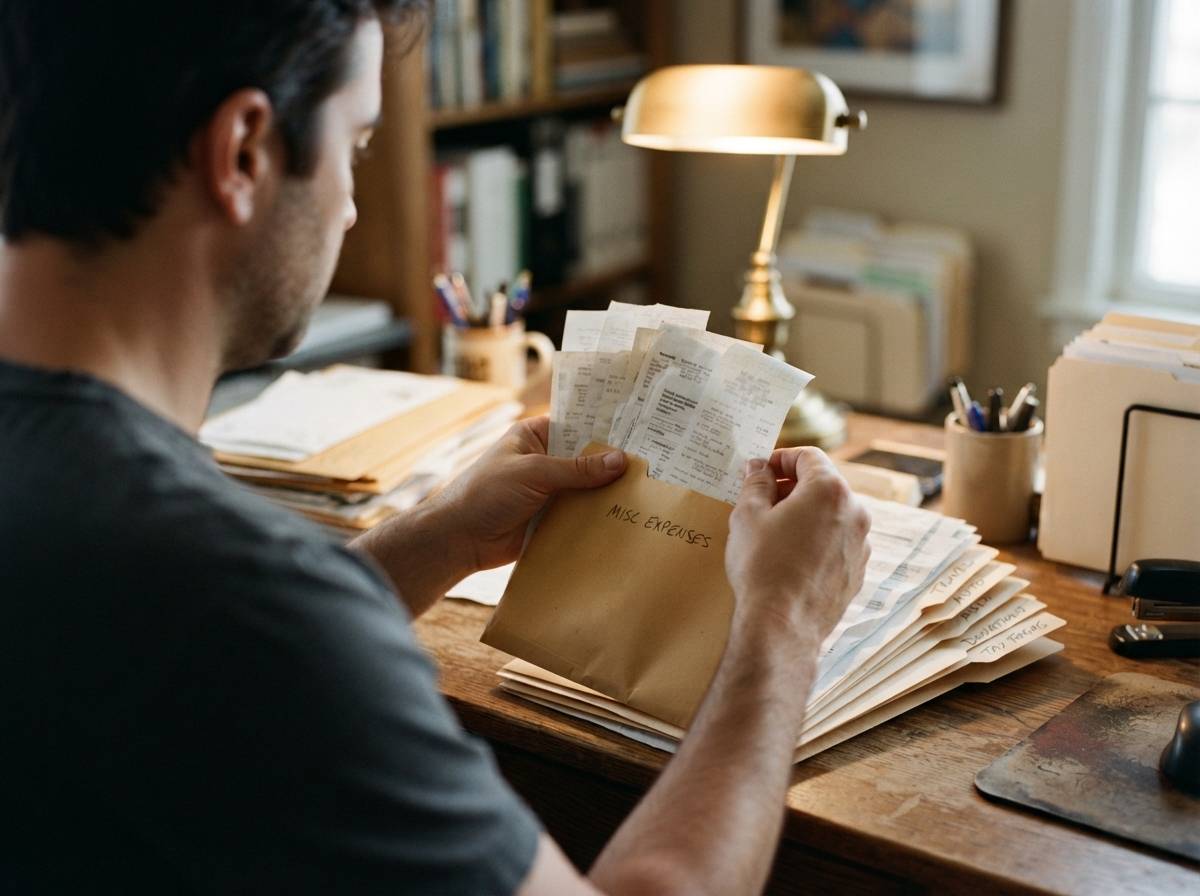 A person sorts receipts and tax forms into labeled folders on a desk.