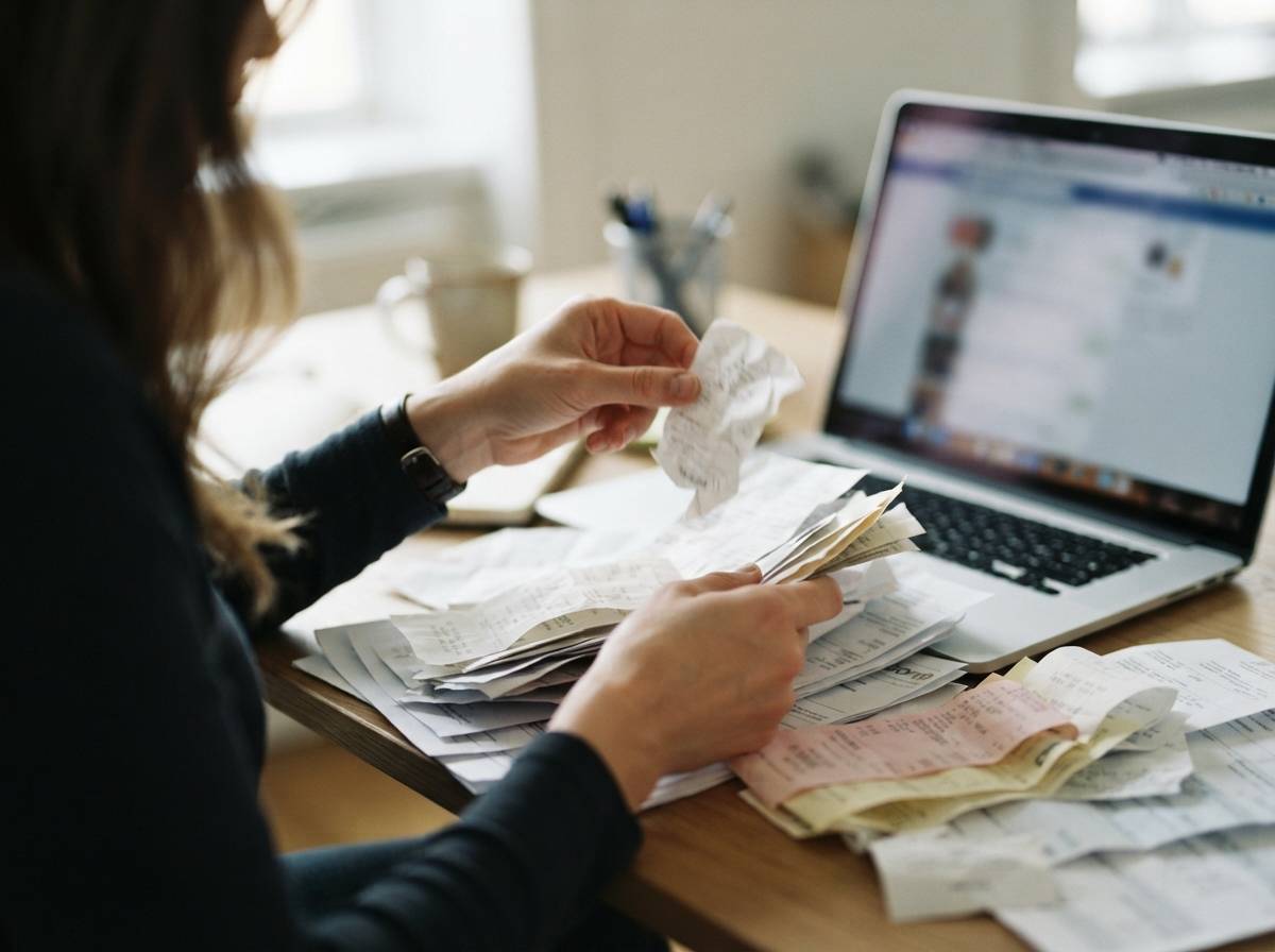 A person sorts through receipts and tax documents next to a laptop while preparing their tax return.