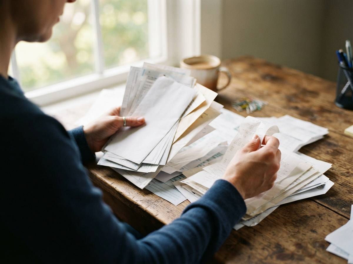 A person sorts through tax documents and receipts on a desk near a window.