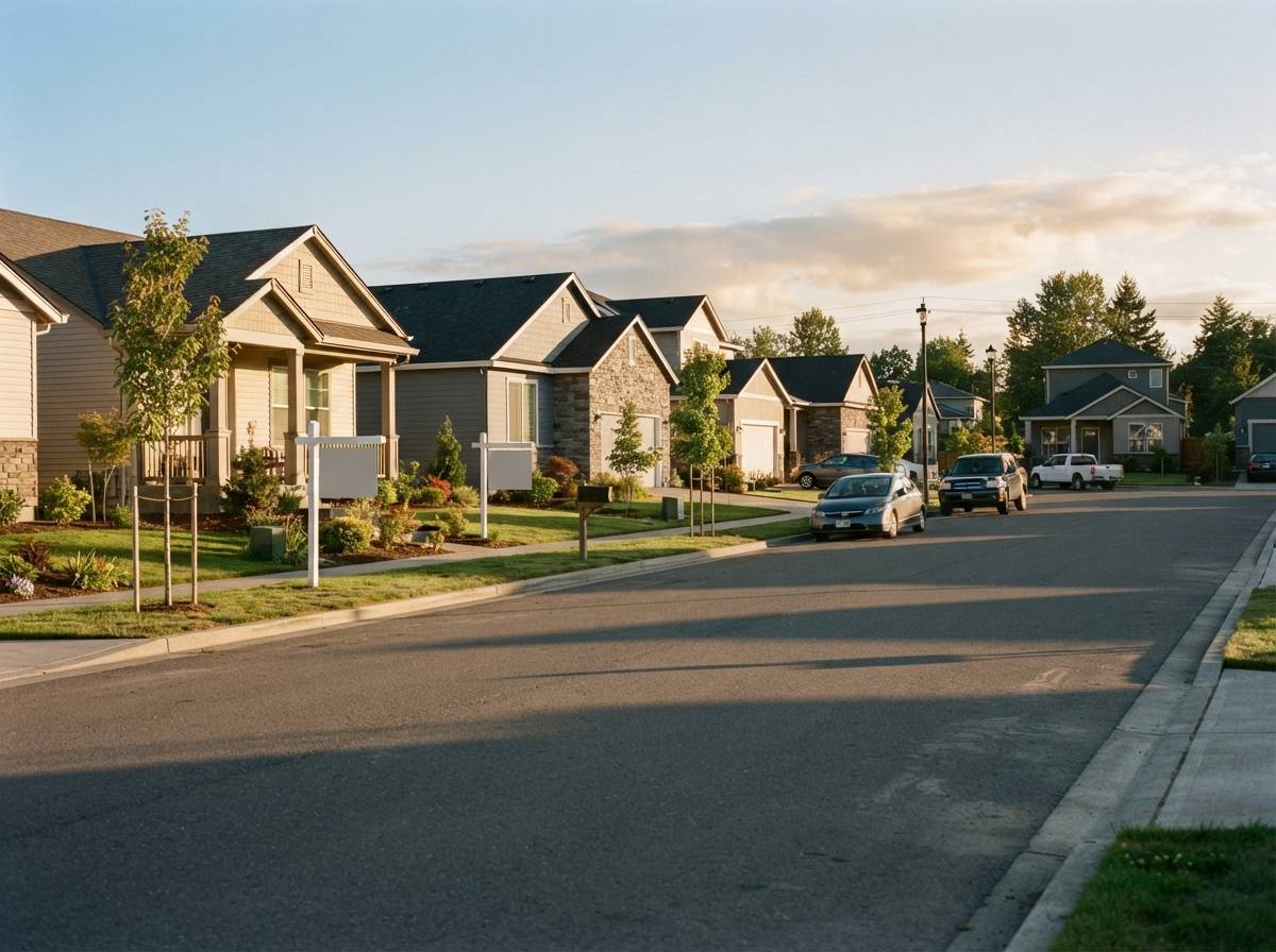 A residential street with modest homes and a for sale sign in late afternoon light.