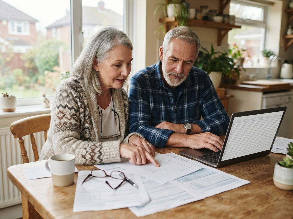 A retired couple reviews retirement account statements at their kitchen table.