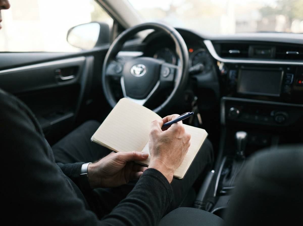 A rideshare driver logs mileage in a notebook while sitting in the driver's seat of a parked car.