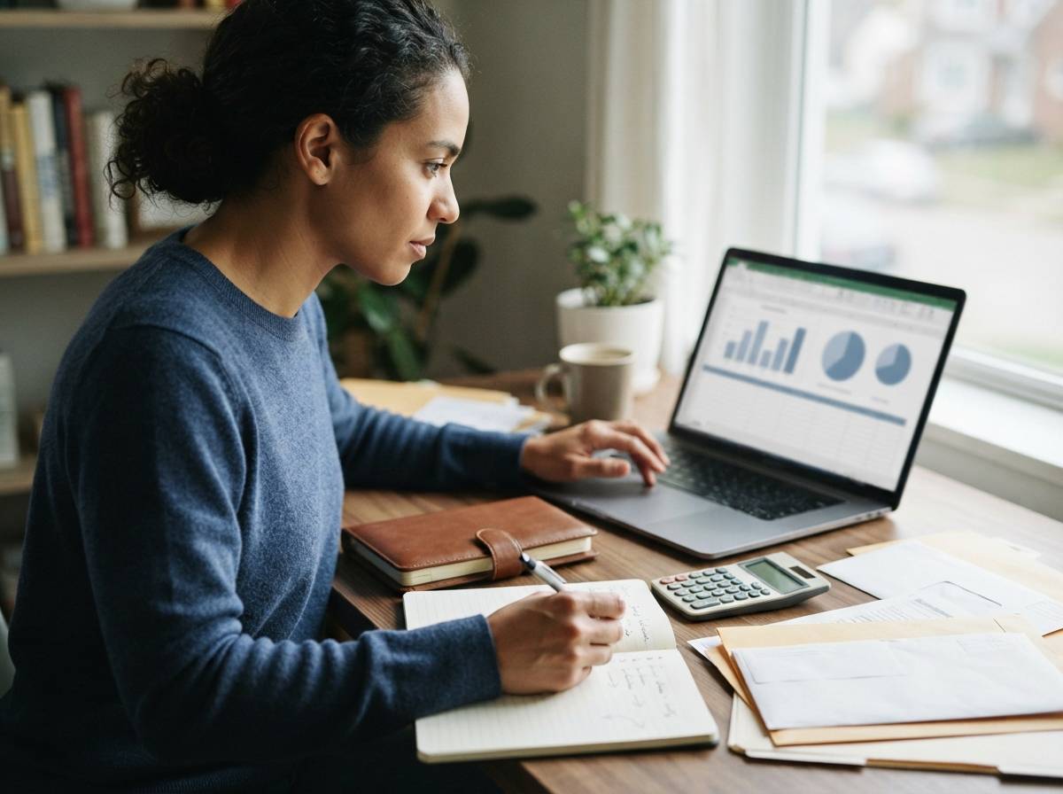 A self employed worker organizes expense receipts at a home office desk.