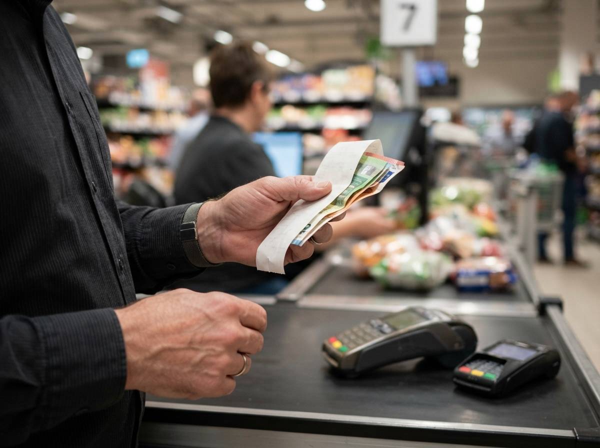 A shopper examining a paper receipt while holding cash at a store checkout counter.
