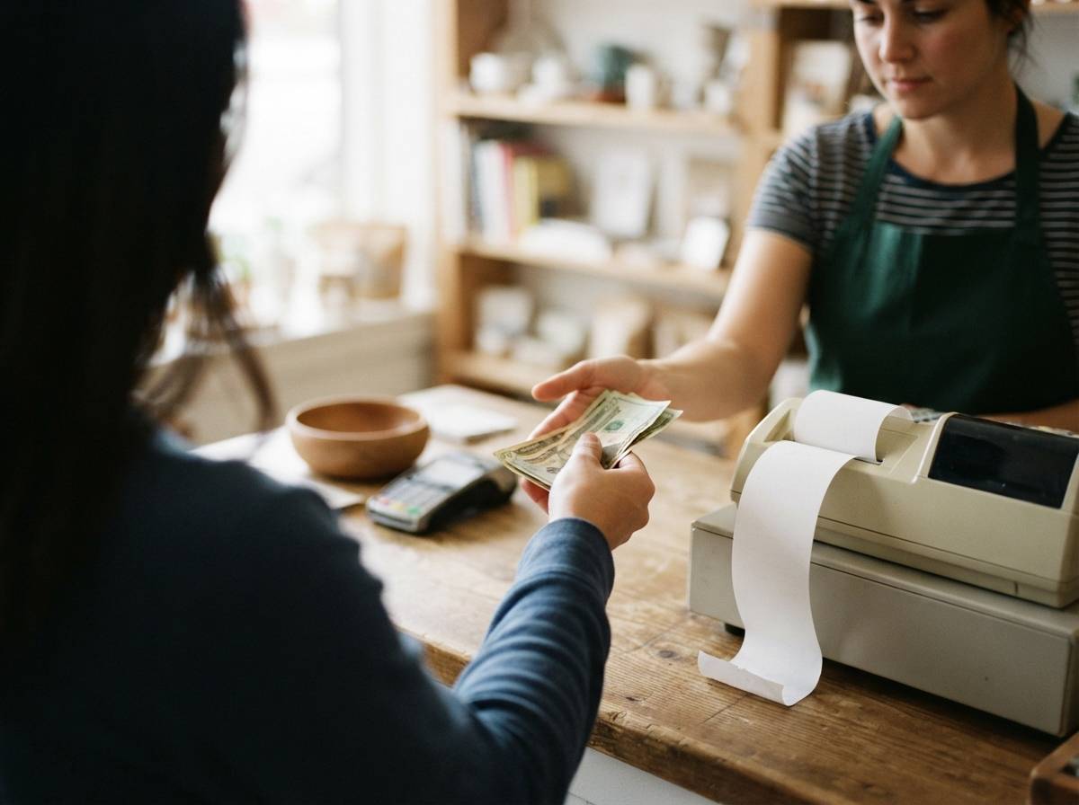 A shopper hands cash to a store clerk while a receipt prints at the register.