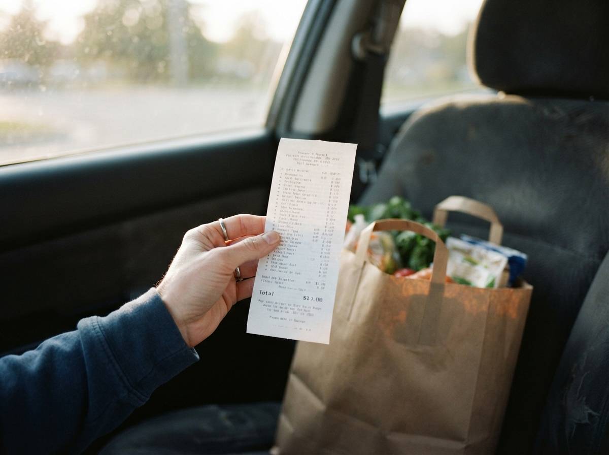 A shopper holds a grocery receipt next to a bagged purchase in a car.