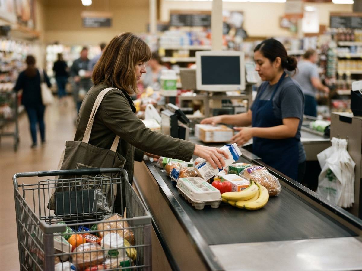 A shopper places groceries on a supermarket checkout counter.