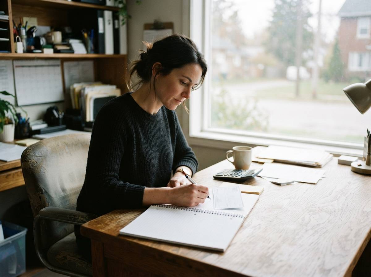 A small business owner checks payment records beside a paper check.