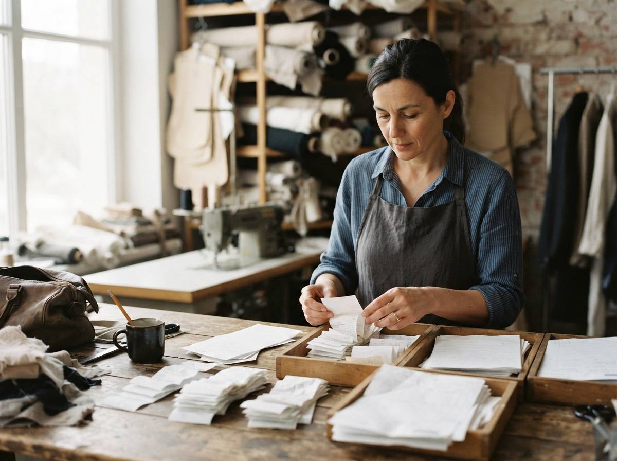 A small business owner sorts receipts and resale paperwork in a garment workshop.