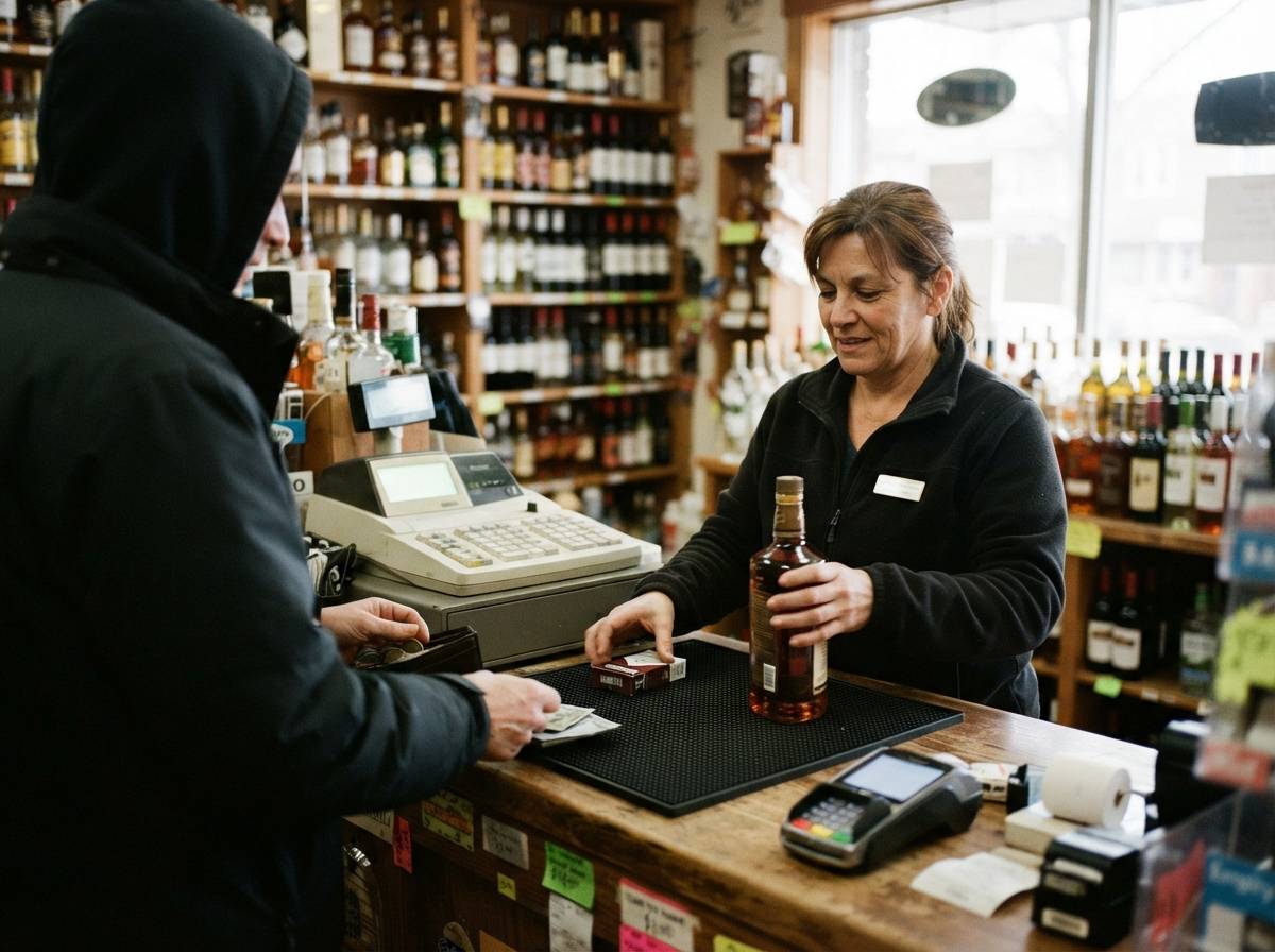 A store clerk rings up cigarettes and alcohol at a checkout counter.