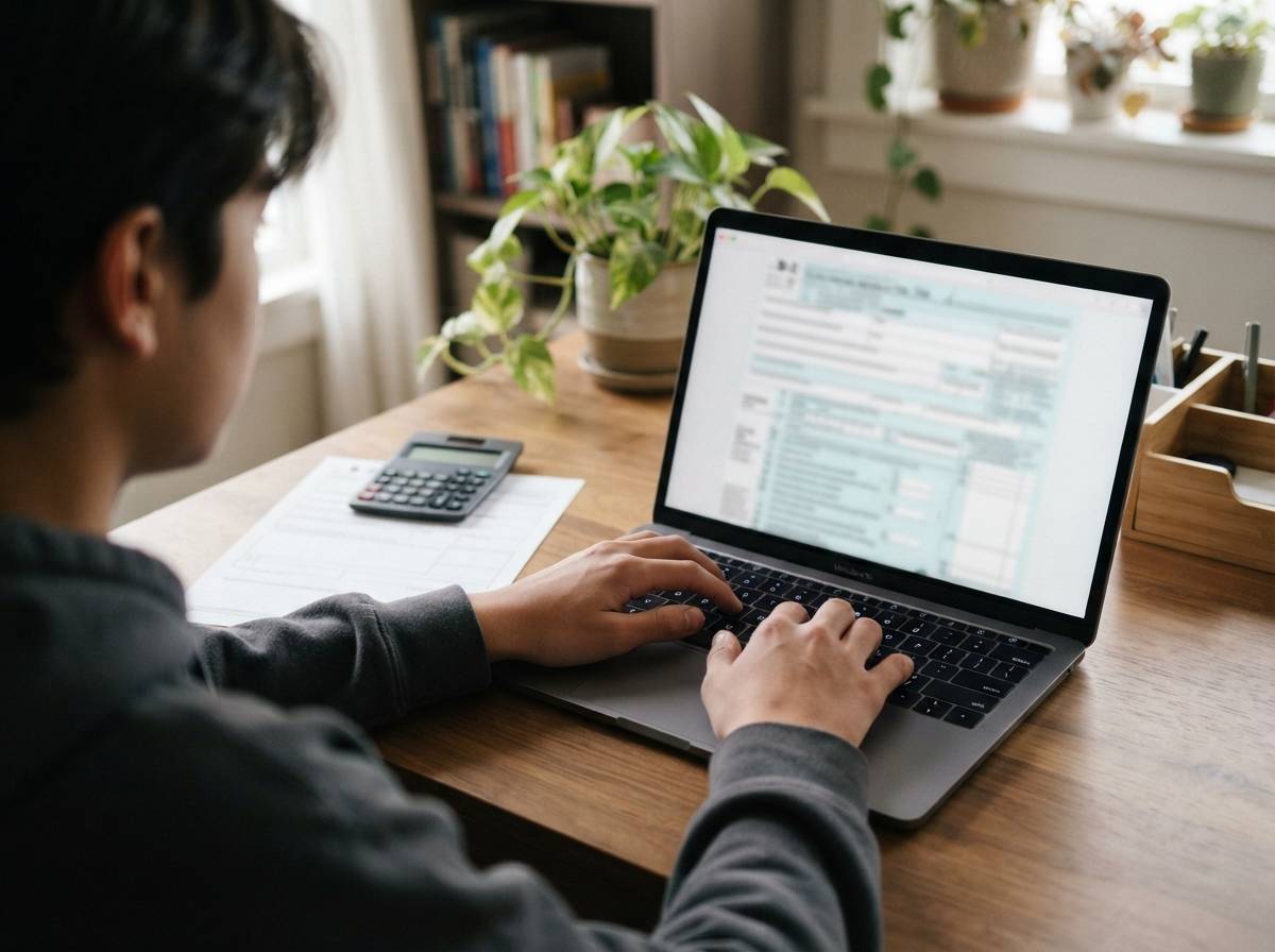 A teenager types on a laptop while filing taxes with a W-2 form nearby.