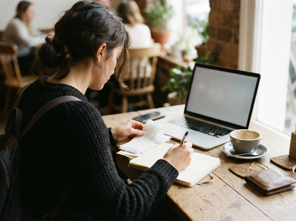 A traveler organizes paper receipts and takes notes for a business travel expense report.