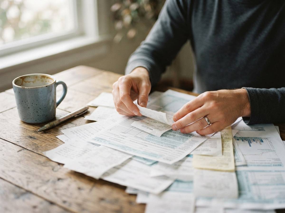 An accountant's hands sort through tax paperwork and a calculator on a desk.
