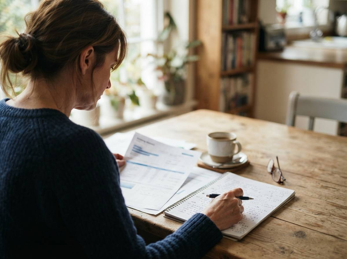 An investor reviews a brokerage statement and handwritten calculations at a kitchen table.