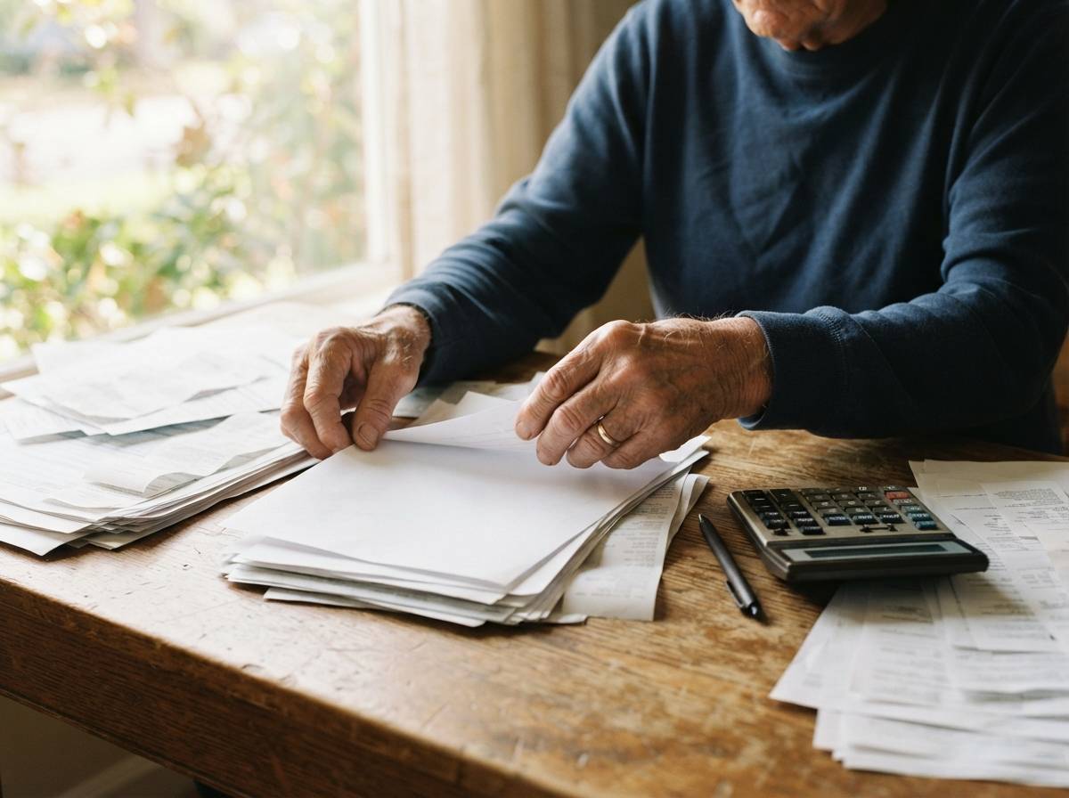 An older man's hands sort through retirement tax documents at a desk.