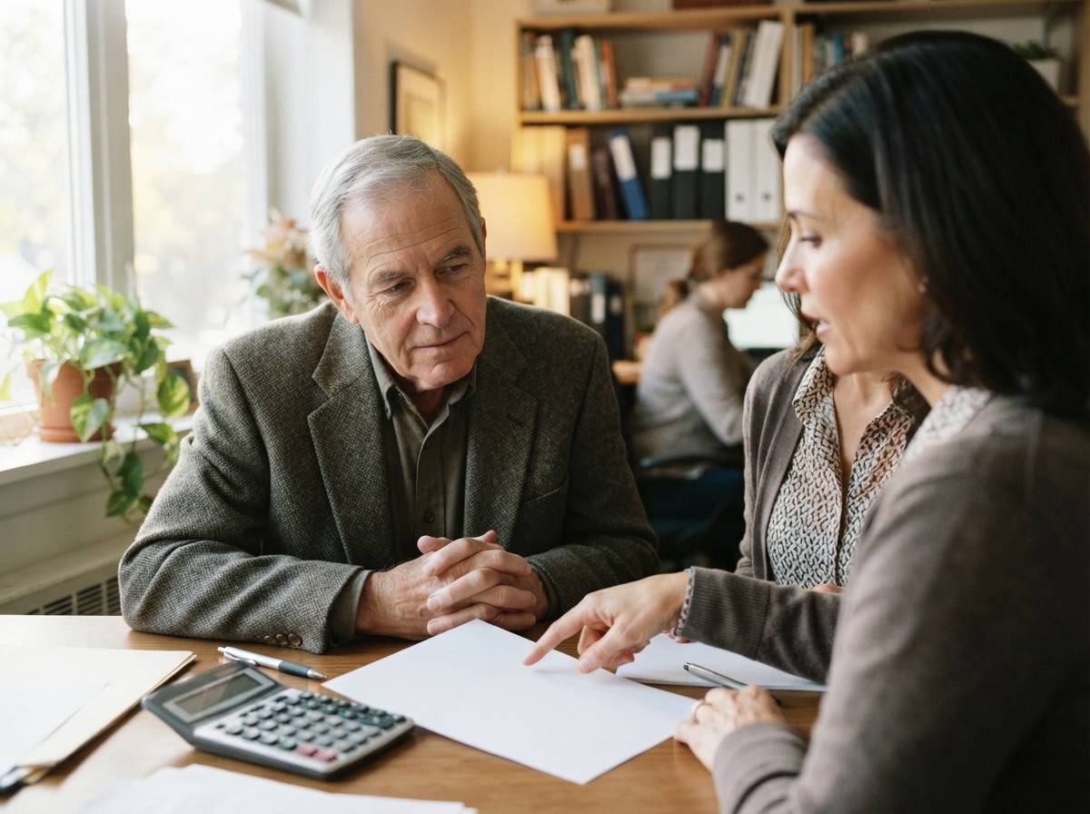 An older retiree discusses finances with a counselor at a desk.