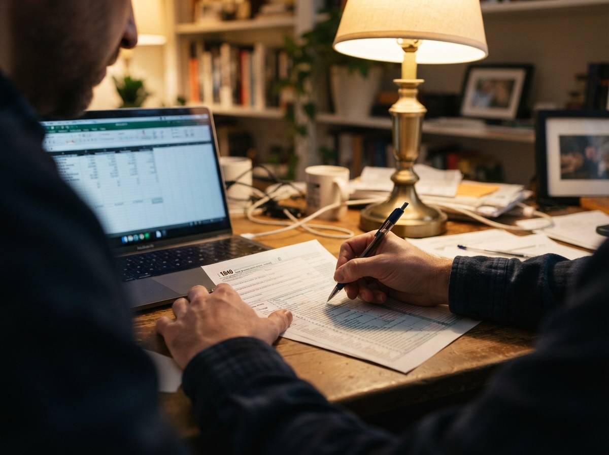 Close up of hands filling out a paper tax form beside a laptop at a home desk.