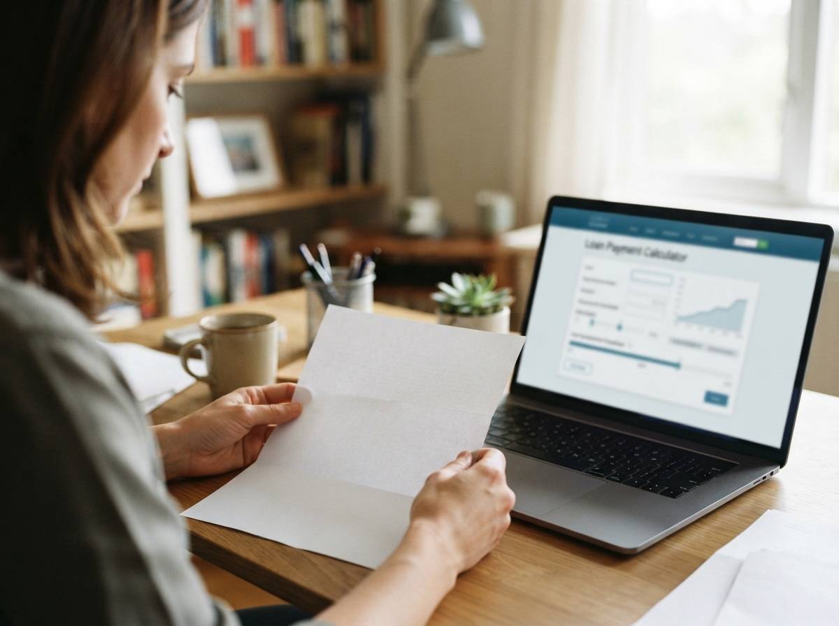 Close up of hands holding a tax bill next to a laptop showing loan payment figures.