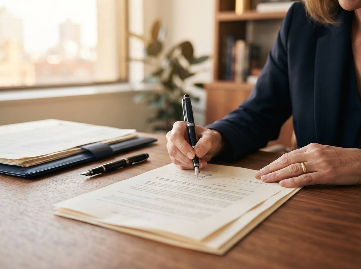 Close up of hands signing trust paperwork on a desk.