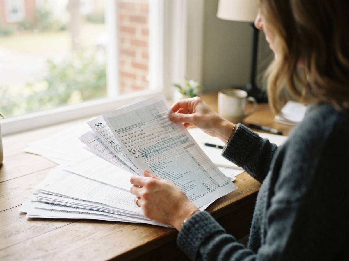 Close up of hands sorting through tax documents including W2 forms on a desk near a window.