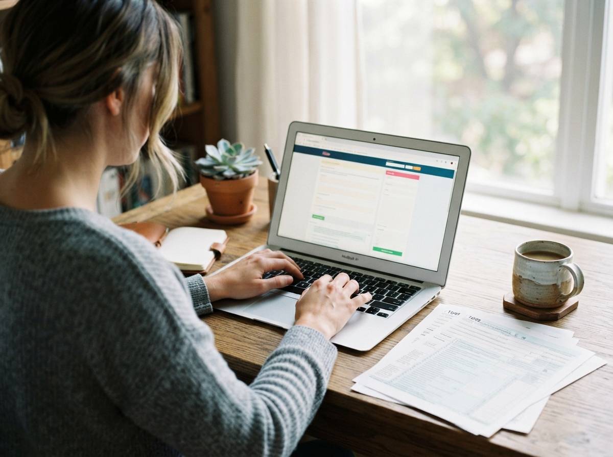 Close up of hands typing on a laptop next to a stack of tax forms and a coffee mug.