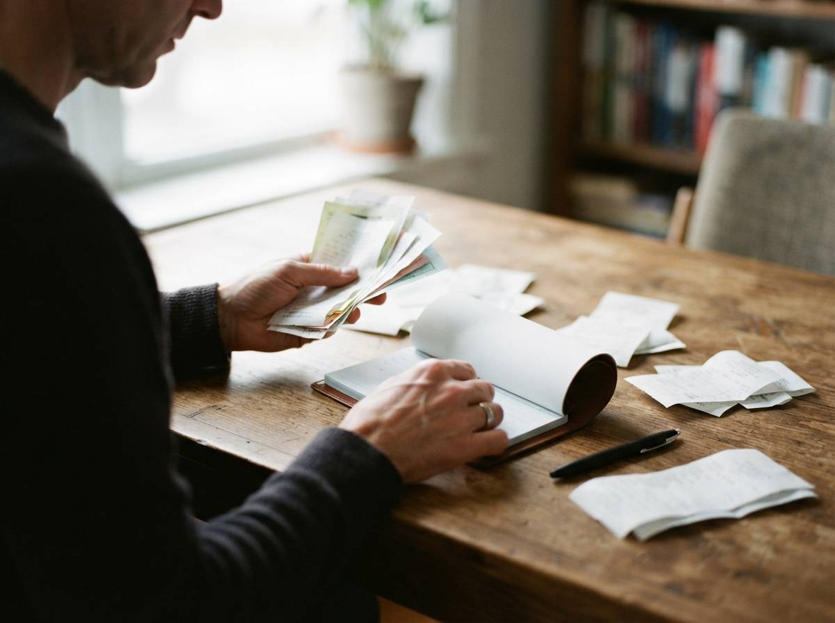 Hands sort charitable donation receipts and paperwork on a desk near a window.