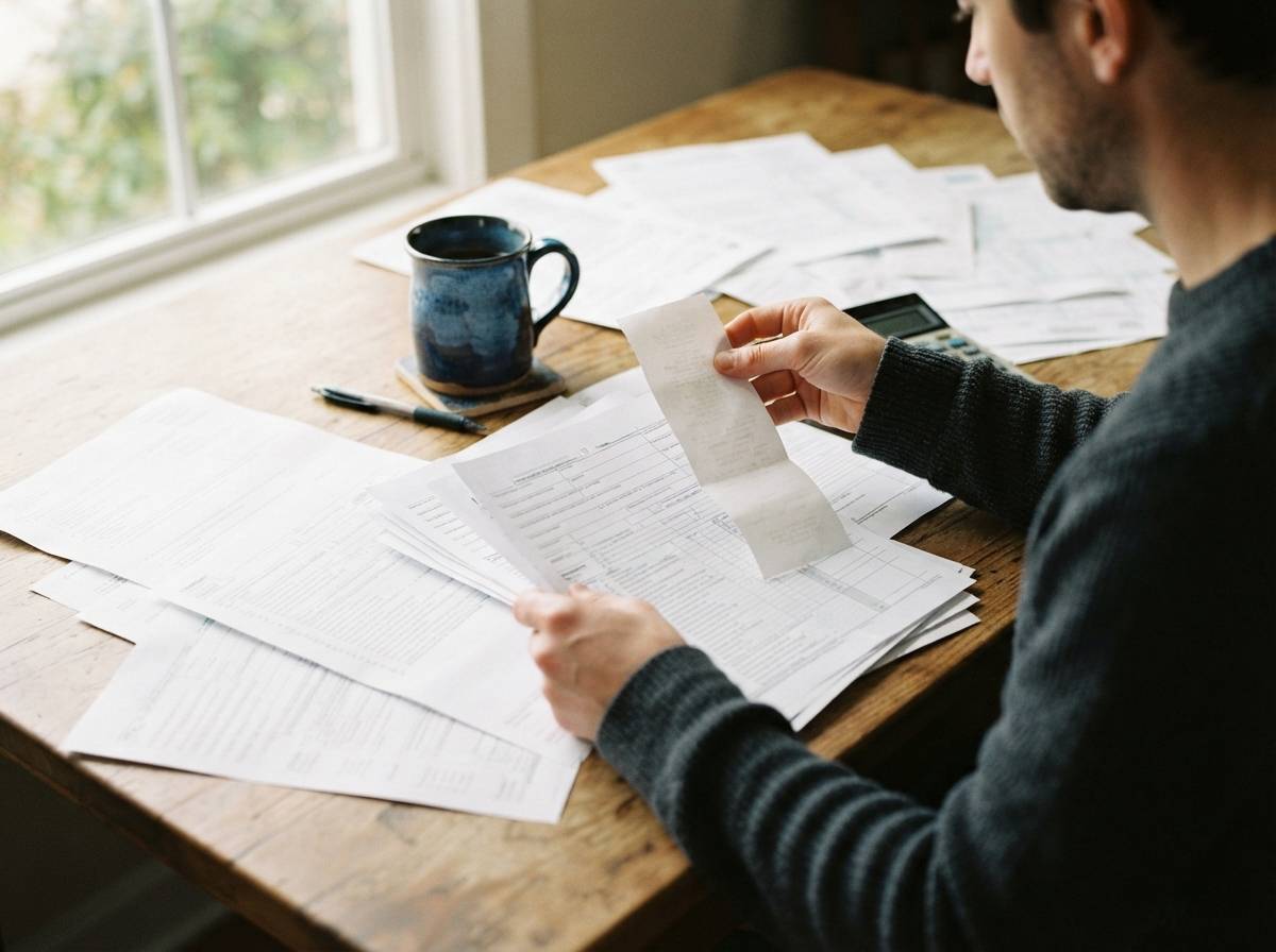 Hands sorting tax paperwork and receipts on a table near a coffee mug and pen.