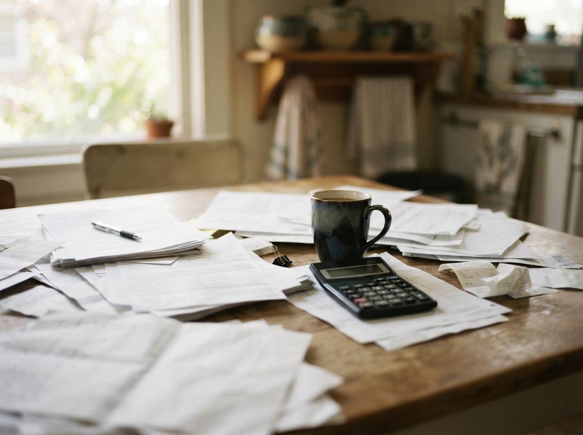 Tax forms and a calculator spread across a kitchen table in natural morning light.